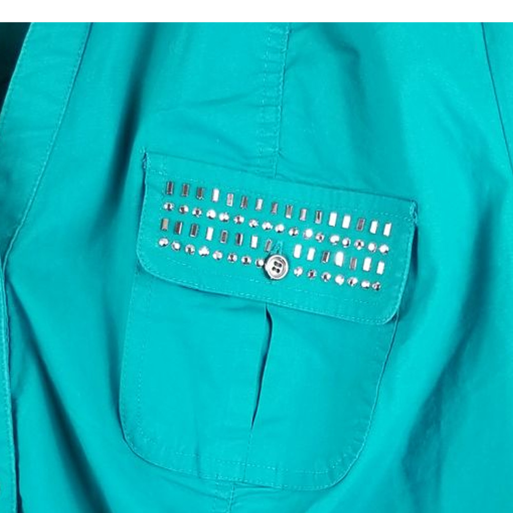 Lane Bryant Turquoise Studded Pocket Design Rolled Sleeves Up/Down Blouse 18/20 - Picture 2 of 4